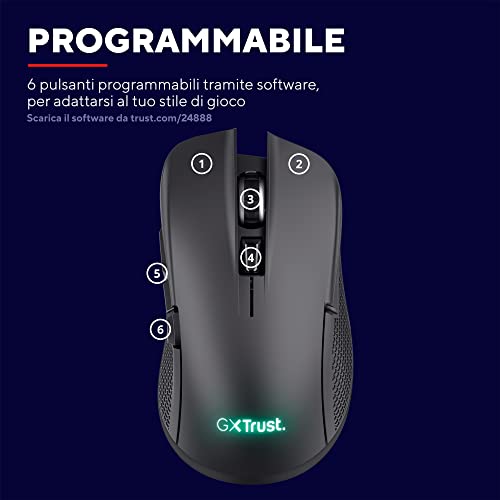 GXT 923 Ybar Mouse Gaming Wireless Ricaricabile, 200-7000 DPI, Bassa Latenza 2.4GHz, Programmabile, 69% Plastica Riciclata, Mouse Senza Fili RGB per Laptop, Computer, Windows - Nero - Mouse gaming - Immagine 5