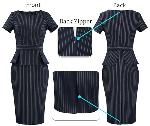 Image of VFSHOW Womens Work Business Office Front Zipper Peplum Bodycon Dresses Elegant Short Sleeve Slim Church Pencil Sheath Dress