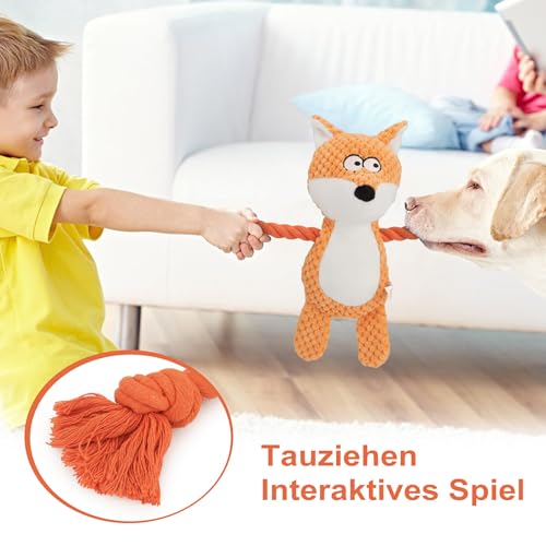 TONYFY Hundespielzeug, Hund Quietschspielzeug mit Knitterpapier, Plüschtier Hund Plüsch Kauspielzeug, Baumwollseil interaktives Spielzeug für Welpen, kleine, mittlere Hunde (Orange Fuchs)
