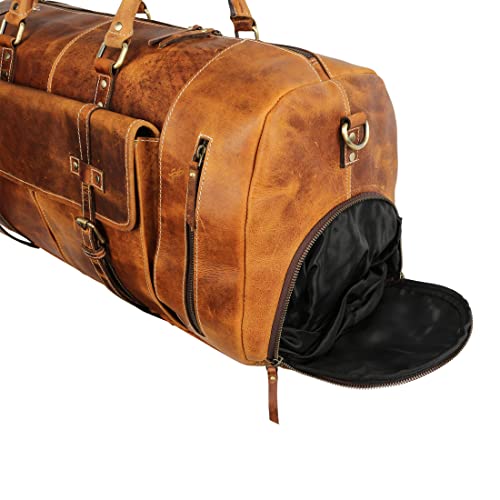 KomalC 24 Inch Leather Duffel Bags for Men and Women Full Grain Leather Travel Overnight Weekend Leather Bags Sports Gym Duffle for Men (Tan with Shoe pocket)4
