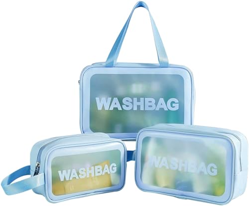 Image of KASHIVAL 3-Piece Clear Travel Toiletry Bags Set, Waterproof Transparent Makeup Organizer Pouches with Zipper, Large Medium Small Cosmetic Storage Cases with Carrying Handle (Blue)