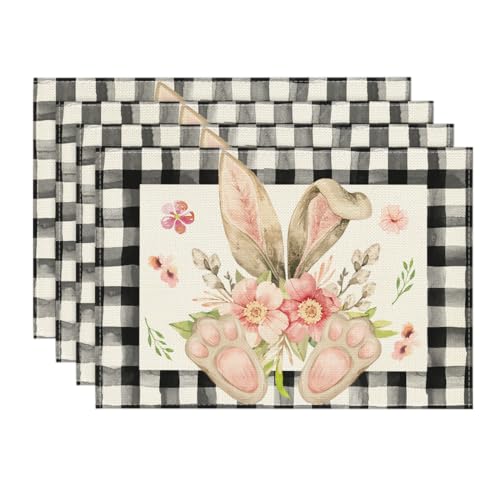 Artoid Mode PLACEMAT-EASTER-4PC-3045-027 Buffalo Plaid Bunny Ear Foot Flower Easter Placemats Set Of 4 cover
