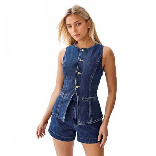 Denim 2 Piece Outfits for Women Button Down Sleeveless Blazer Vest High Waist Jean Shorts Business Casual Outfits