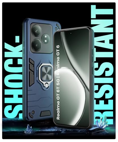Image of WOW IMAGINE Shock Proof Back Case Mobile Cover for Realme GT 6T 5G | Realme GT 6 | Back Cover Case (Tough Armor | Hybrid PC + TPU | Ring Holder & in-Built Kickstand | Blue)