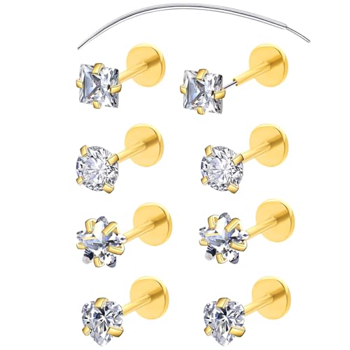 COTATI 20G Flat Back Earrings Stud Threadless Tragus Cartilage Lip Medusa Piercing Jewelry Hypoallergenic (Gold,20G，3/3/3/3mm)