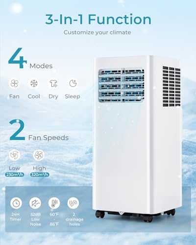 Image of EUHOMY Portable Air Conditioners 8,000 Btu, 3 in 1 Portable Cooling AC with Dehumidifier, Fan, Sleep Modes, AC Unit with Remote Control & 24H Timer for Bedroom, Rooms, Apartments up to 350 Sq.Ft.