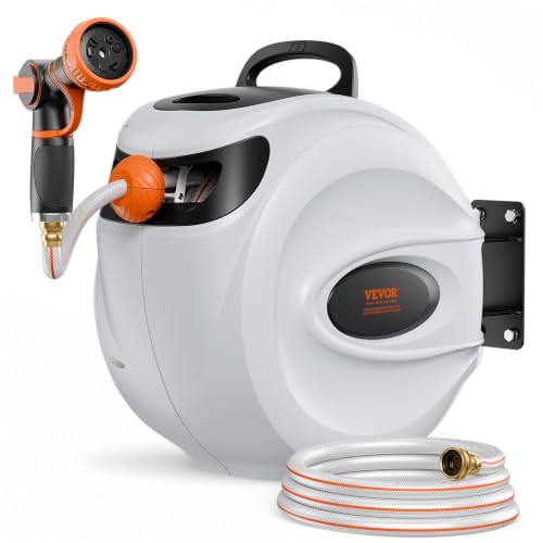 VEVOR Retractable Hose Reel 115 ft x 1/2 inch Garden Water Hose Reel with 9-Pattern Nozzle 180 Swivel Bracket Wall-Mounted Automatic Rewind Lock at Any Length with Slow Return System