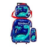 Kit Mochila Reforçada Lancheira E Estojo Dino Azul Rodinhas