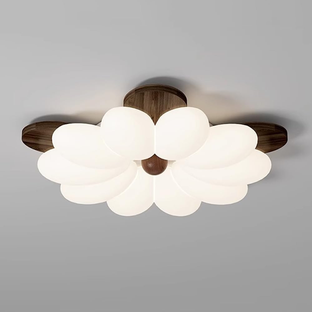 Sufitowa Led Flower, Drewniana, Do Sypialni, Z Akrylowym Kloszem, 50 W, 3 Kolory, Regulowana, Półpłaska, Do Salonu