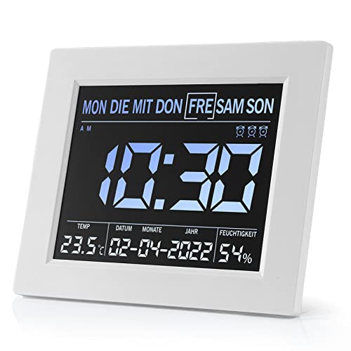 Seniorenuhr Digitaler Kalender Wecker 8 Zoll,【2022 Neu】Uhr HD Großbildschirm mit Temperatur & Luftfeuchtigkeit, Elektronische Tag Datum Kalenderuhr für Senioren & Demenzkranke (z.B. Alzheimer) - Weiß Cover