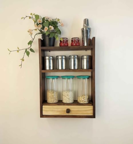 Image of IThree Rustic Wall Mounted Shelf Unit with 3 Tiers, Wooden Storage Rack with Drawer, Dark Brown (Style 2)