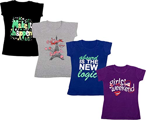 Image of indi weaves Girls Pure Cotton Chest Printed Half Sleeves Round Neck T-Shirts (Pack of 4)