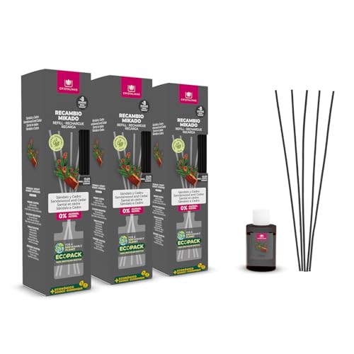 CRISTALINAS | Pack 3 Recambio + Cañas Ambientador Mikado | Recambio Ambientador Hogar | Larga Duración 8 Semanas | 35ml | 0% Alcohol (3X35ml, Sándalo y Cedro)