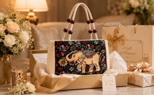 Image of Elephant Print Canvas Tote Bag for Women, Ethnic Shoulder Handbag with Multicolor Elephant Design, Dual Handle Everyday Carry Bag for Shopping, Office, College, Travel & Daily Use