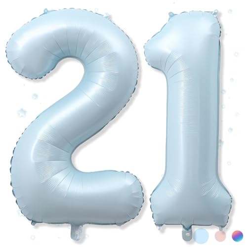 Big Number 21 Balloons Light Dusty Blue Foil 21 Balloon Numbers 40 Inch Giant 21st Birthday Party Decor Pastel Baby Sky Blue Mylar Helium Self Inflating Balloon for Boys Men Anniversary Decorations