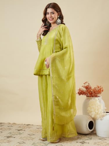 Image of MOKOSH Women's Silk Embroidery Peplum Kurta Sharara with Dupatta | Anarkali Kurta Set | Sweetheart Neck Full Sleeve Ethnic Suit | 3 Piece Outfit | Indian Kurta Outfit With Sharara