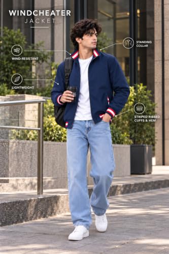 Image of Ben Martin Men's Jacket || Lightweight Casual Jacket with Standing Collar || Full Sleeve Zip-Up Windcheater Jacket with Striped Ribbed Cuffs & Hem