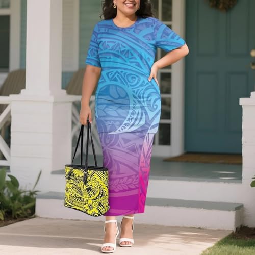 Image of Puletasi Samoan Traditional 2 Piece Outfits for Women Short Sleeve Crop Top and Maxi Skirt Sets Puletasi Dress