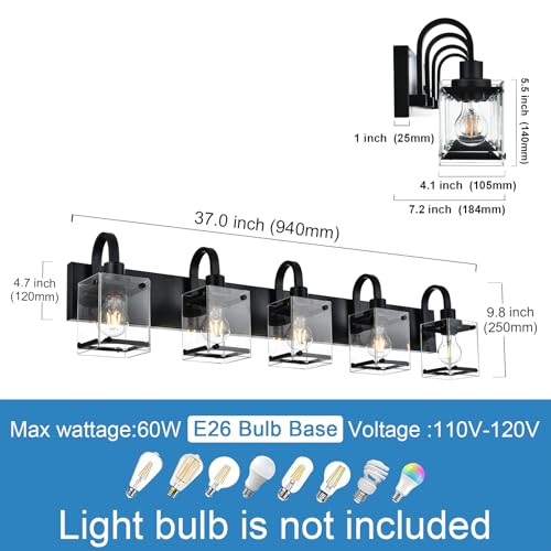 Image of 5 Light Vanity Light Bathroom Lighting Fixtures,Black Cage Vintage Wall Sconces Lighting,40.2 Inch Bath Wall Mounted Lights with Clear Glass Shade Bathroom Vanity Light for Living Room