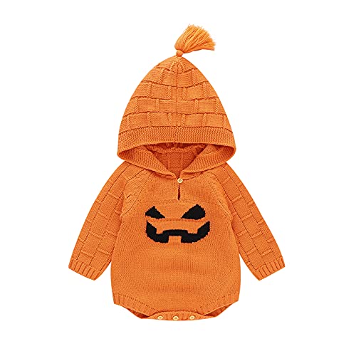 Image of Imcute Baby Boy Girl Halloween Outfits Cute Pumpkin Knitted Romper Sweater Hooded Jumpsuit Long Sleeve Fall Winter Clothes