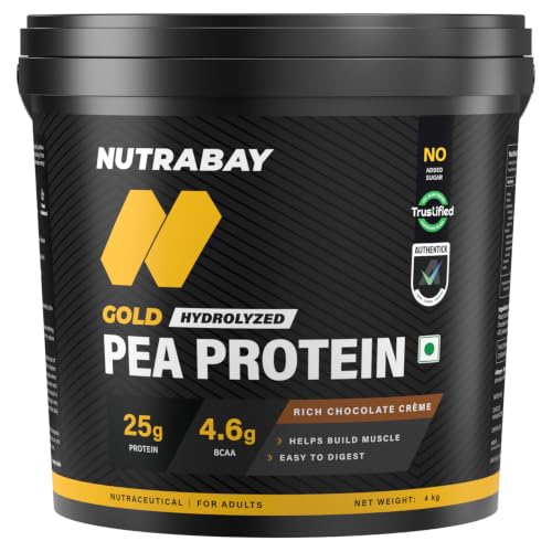 NUTRABAY Gold Hydrolyzed Pea Protein Powder - 4kg, Rich Chocolate Crème | 25g Protein, 4.6g BCAA, 5g Fiber | Complete Amino Profile | Tastiest & Smoot