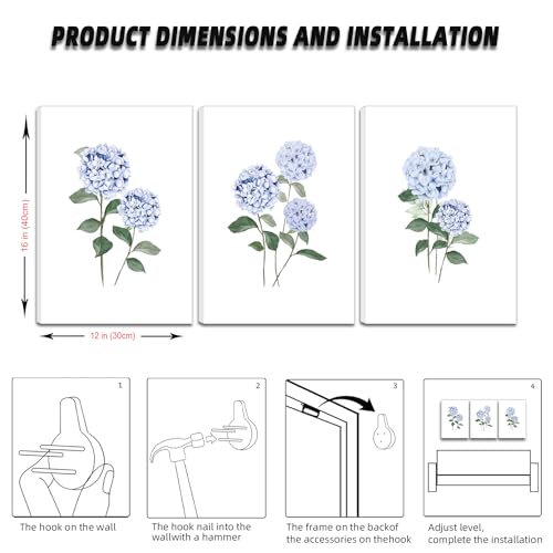 Hydrangea Wall Art Set of 3, Blue Floral Canvas Posters Print Picture, Blue Watercolor Botanical Wall Decor, Modern Minimalist Botanical Room Decor, for Living Bedroom Gallery Decor 12x16in Framed by Yaneiro - Used condition - Image 6