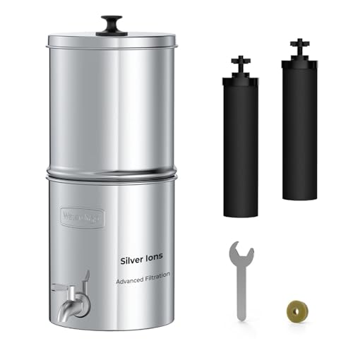 Waterdrop Gravity Water Filter, 2.25G Stainless-Steel System with Silver Ions Enhanced Filtration with 2 Black Carbon Filters, NSF/ANSI 42&372 Standard, Reduces Chlorine for Emergencies Adva