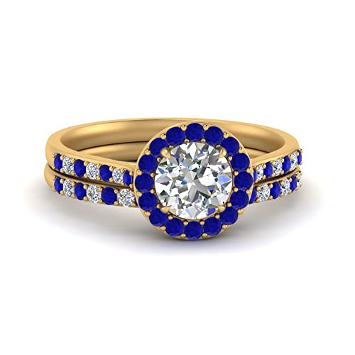 Image of Choose Your Gemstone Round Halo Ring with Matching Pave Band Yellow Gold Plated Round Shape Wedding Ring Sets Everyday Jewelry Wedding Jewelry Handmade Gifts for Wife US Size 4 to 12