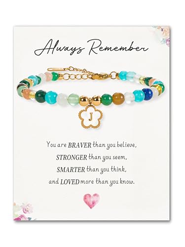 SENLLY Crystal Initial Bracelet, Meaningful Gift for Women Crafted with Natural Stone & Floral Letter Charm J, Adjustable for Mom Daughter Sister Wife Friend - image 1
