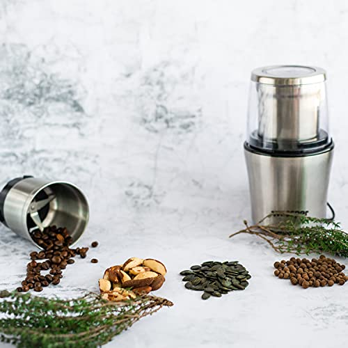 Wessper Gewürz und Kaffee Mühle MINIMILL mit 2 x 70g Edelstahlbehälter, Schlagmesser & Spezialmesser für Kaffeebohnen… – Bild 5