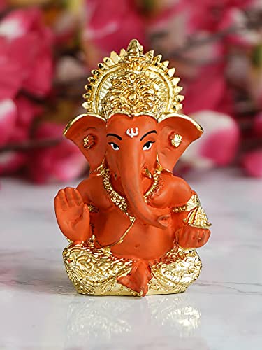 Image of eCraftIndia Golden and Orange Polyresin Lord Ganesha Idol for Home, Temple, Office, Car Dashboard - Gift for Family, Friends, Colleagues - Suitable for Housewarming Ganesh Chaturthi, Diwali Festivals