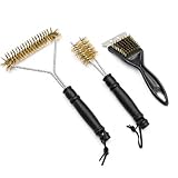 3 Stück Messingbürste Grill,Grillbürste Edelstahl mit Schaber, 2-in-1 Doppelkopf Grill Reinigungsbürste für Gussrost, Gasgrill, Elektrogrill und Holzkohlegrill,Gusseisengrill