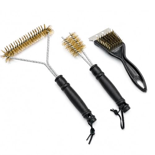 3 Stück Messingbürste Grill,Grillbürste Edelstahl mit Schaber, 2-in-1 Doppelkopf Grill Reinigungsbürste für Gussrost, Gasgrill, Elektrogrill und Holzkohlegrill,Gusseisengrill