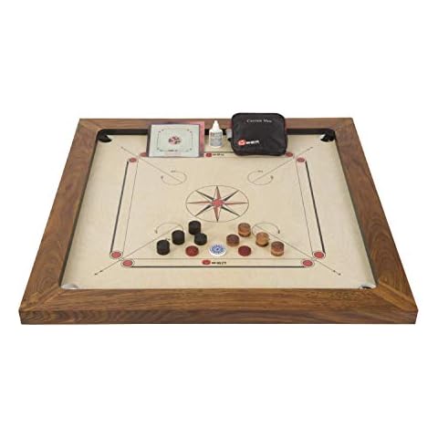 Championship Carrom Set | Rosewood Edges, 12mm Plywood Playing Surface | Size: 35'' x 35'' | Includes Coins, Striker, Bag and Powder Cover