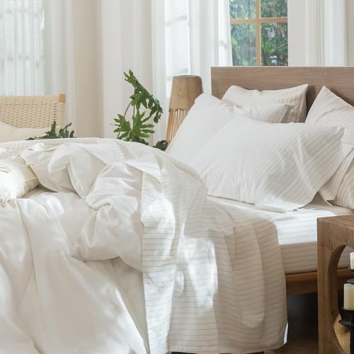 Image of MooMee Striped Sheet Set 100% Washed Cotton Linen Like Queen