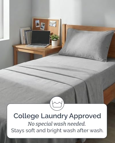 Image of Twin XL 4 Piece Sheet Set - College Dorm Room Essentials - Heathered Grey | Ultra Soft Dorm Bedding Set, 8 inch to 16 inch Inch Deep Pockets, 1 Flat & 1 Fitted Sheet & 2 Pillowcases, Wrinkle & Fade Free