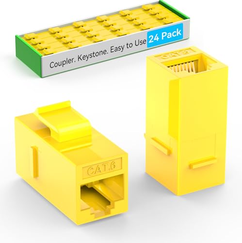 Sokqovt CAT6 RJ45 Keystone Coupler (24 Pack), Cat6 Keystone Coupler Female to Female, Cat 6 Keystone Coupler for Wall Plate & Patch Panel, Ethernet Keystone Coupler Yellow