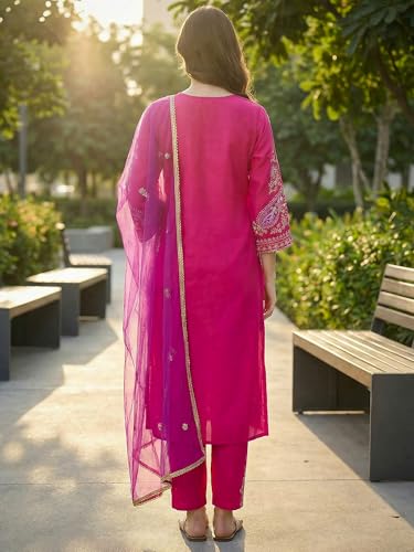 Image of INDO ERA Women's Silk Blend Embroidered Straight Kurta Pant with Dupatta
