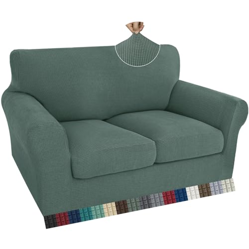 ZNSAYOTX 3 Piece Loveseat Covers for 2 Cushion Couch, Super Soft Couch Slipcovers with Seat Cushion Cover Thick Durable, Spandex Blend High Stretch & Bottom Ties Medium Sofa, Pea Green