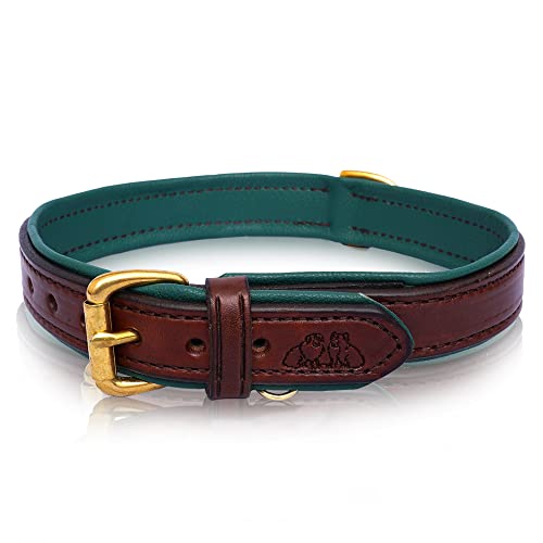 2 Red Dogs Durable Leather Dog Collar - Medium Brown with Hunter Green Leather Lining - Soft Strong Domestic Leather with Solid Brass Hardware - Amish Made in The USA (Medium)