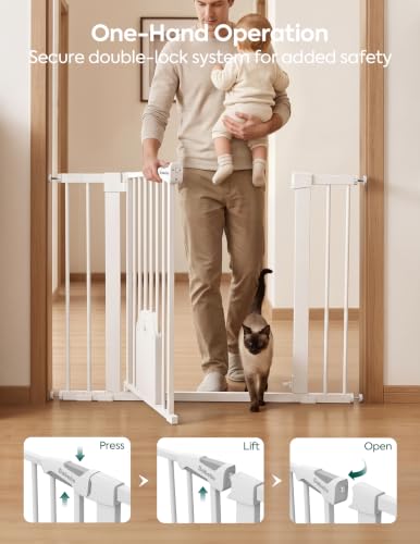 Image of Babelio 36 inch Tall Baby Gate with Adjustable Cat Door, CatPrivilege I, 29-43 inch | Auto Close, Safety Gate for Stairs, Easy Walk Thru with Pet Door, Includes 4 Wall Cups and 3 Extension Pieces, White