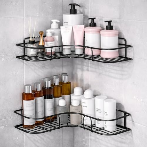 Image of PulGos Pack-2 Multipurpose Corner Wall Shelf with 2 adhesive hooks | Durable Mounted Rack for Bathroom, Kitchen & Toilet, Space-Saving Bathroom Accessories Storage Rack for Home & Office Use |No Drill