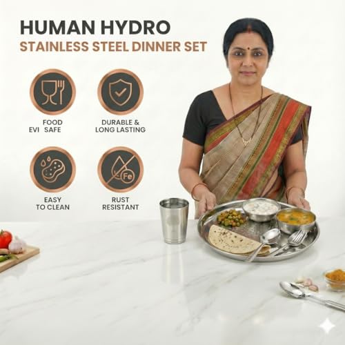 Image of Human Hydro Stainless Steel Thali Dinner Set | 12-Piece: 2 Plates, 2 Bowls (Katoris), 2 Side Plates, 2 Glasses, 2 Spoons & 2 Forks | Food-Grade, Rust-Free, Mirror Finish | Dishwasher Safe