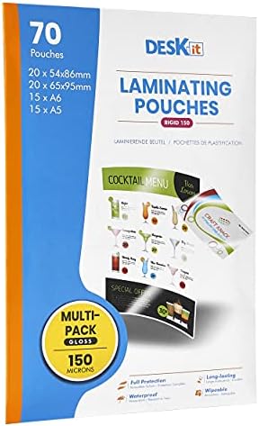 Deskit A5 A6 and Small Sizes Laminating Pouches, Glossy, 150 Microns, Multipack of 70 - Clear and Durable Presentations - Ideal for Small Projects at Home, Office or Events