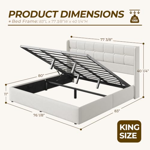 Image of HISOFT King Size Lift Up Storage Bed Frame, Linen Upholstered Platform Bed with Wingback Headboard, Heavy Duty Hydraulic Gas Lift Underbed Space, Reinforced Full Metal Slats, Noise Free, Light Beige