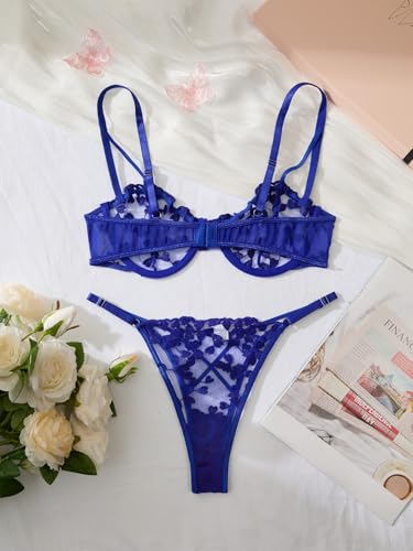 Image of Lilosy Sexy Underwire Cute Push Up Strappy Embroidered Mesh Sheer Lingerie Set See Through Panty Bra