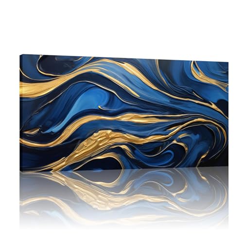 Art mural bleu et or sur toile de maître moderne avec cadre intérieur haut de gamme