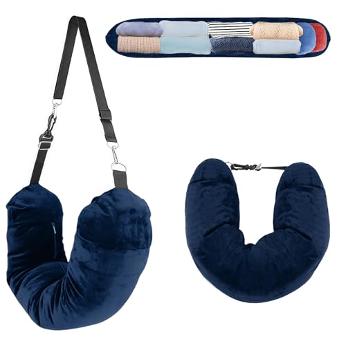 AHRLIC Soft Stuffable Neck Pillow for Travel Multifunctional U-Shaped Cushion Fillable with Clothes for Extra Luggage Space, Adjustable Strap for Airplane, Camping, Train, Hiking (Navy Blue)