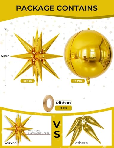 Image of Toys Treasure 6pcs 22 inch Gold Metallic Foil Balloons Set - 4D Star Ball Balloons for Birthday Disco Dance Graduation New Year Decorations