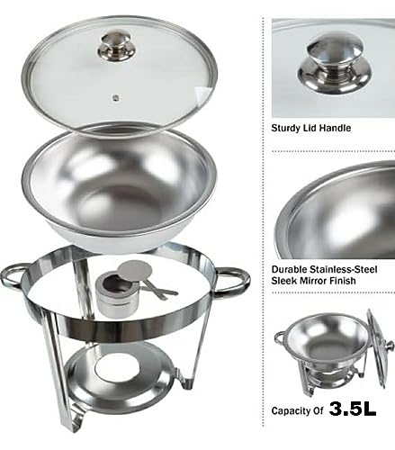 Image of Shoppers Hub PNQ 3.5L SS Round Chafing Dish with Gel Based Heating Container & Transparent See Through Lid for Ideal Heavy Duty Use in Hotels,Caterings, Banquets, Buffets and Other Commercial Places.
